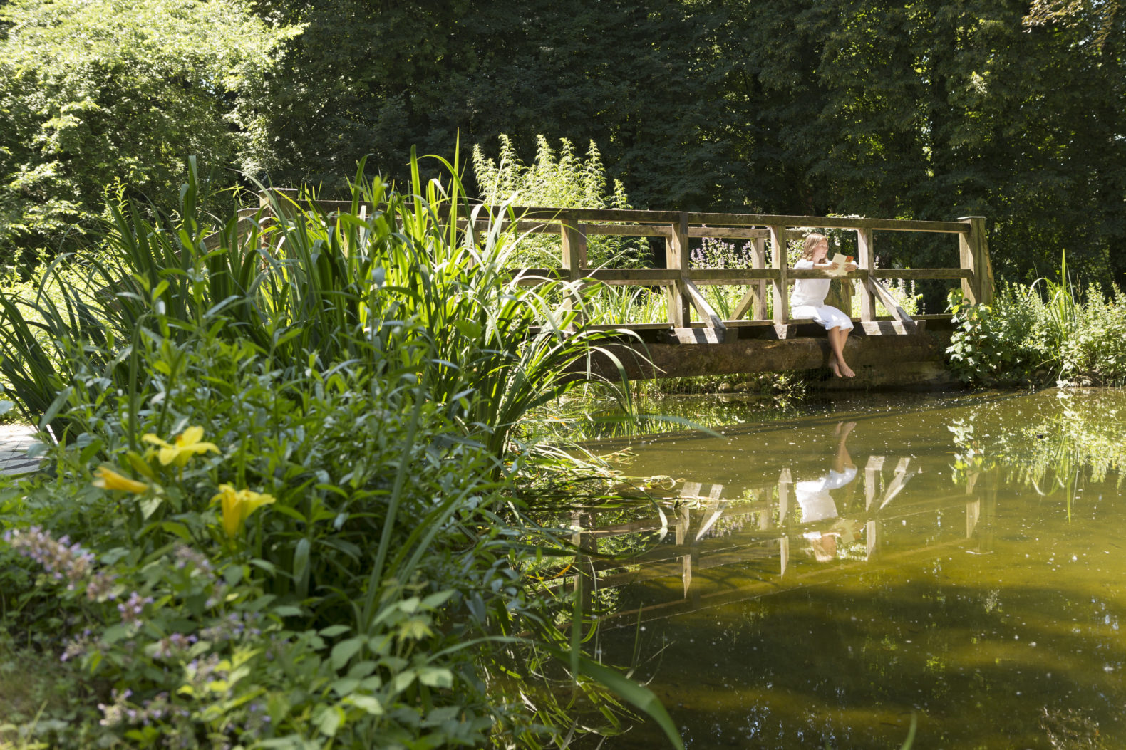 woman-relaxing-reading-book-brigde-natural-lake-biotop-medical-kurhaus-schaerding-austria